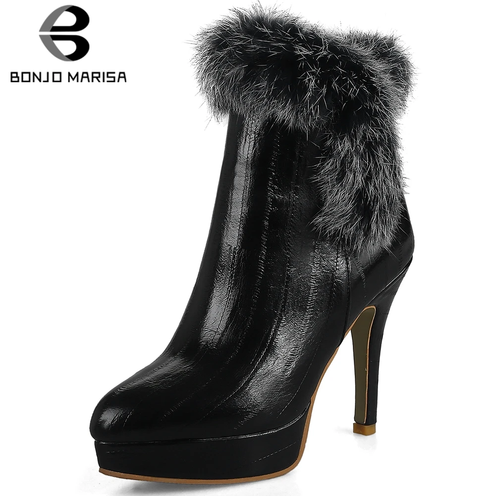 

BONJOMARISA Elegant Lady Thin Heels Ankle Boots Platform Fur Decoration Winter Boots Women 2020 Wedding Office Shoes Woman