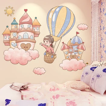 

[shijuekongjian] Cartoon Girl Wall Stickers DIY Hot Air Balloon Castles Wall Decals for Kids Room Baby Bedroom Home Decoration