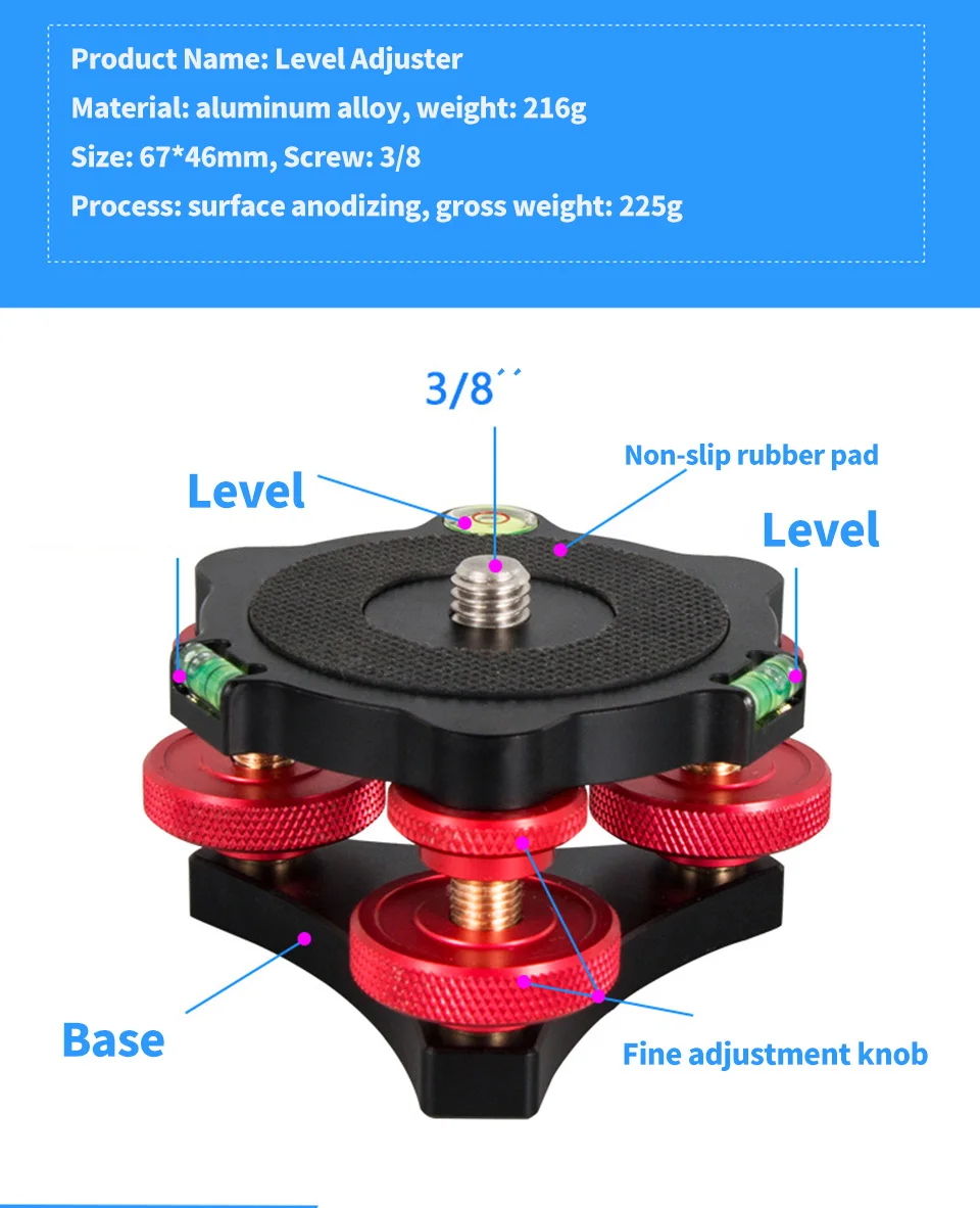 Metal Leveling Base LP-64 Camera Tripod Head Leveling Base Triple-wheel Precision Leveler Bubble Level 3/8" Screw Load 15kg 2