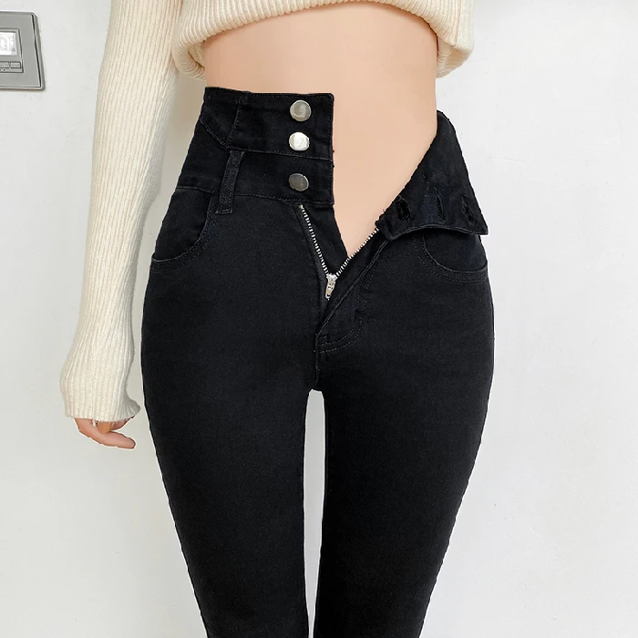 High Waist Women Solid Jeans 3 Buttons 