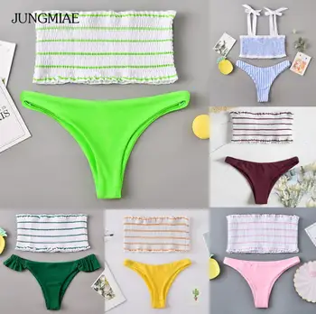 

JUNGMIAE Women Sexy Strapless Pleated Thong Bikini Set Stripe High Waist Swimsuit Beach Swimwear Brazilian