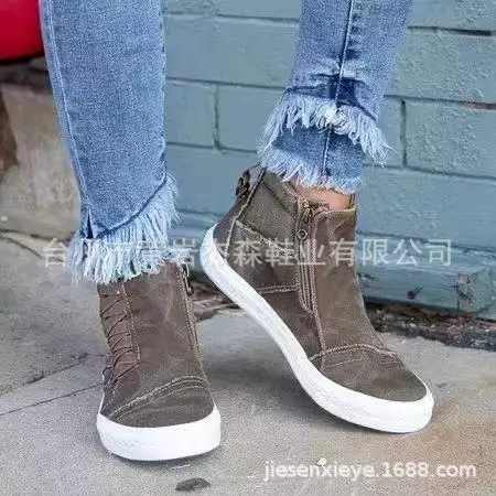 

Large Size Separate Station New Hot Selling Side Zipper Elastic Flat Heel Thick Bottomed Mid-top Shoes Casual COUPLE'S Shoes
