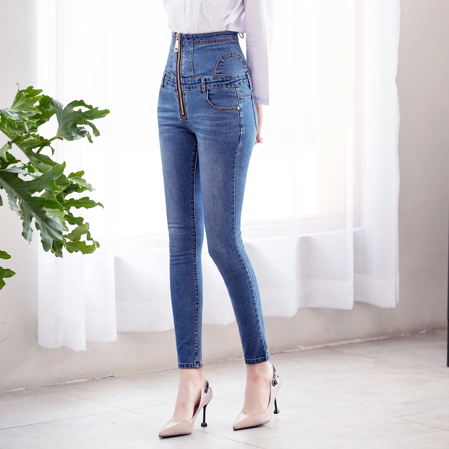 Женские облегающие повседневные джинсы с высокой талией на молнии размера плюс, женские модные джинсовые узкие брюки, облегающие брюки, S-6XL