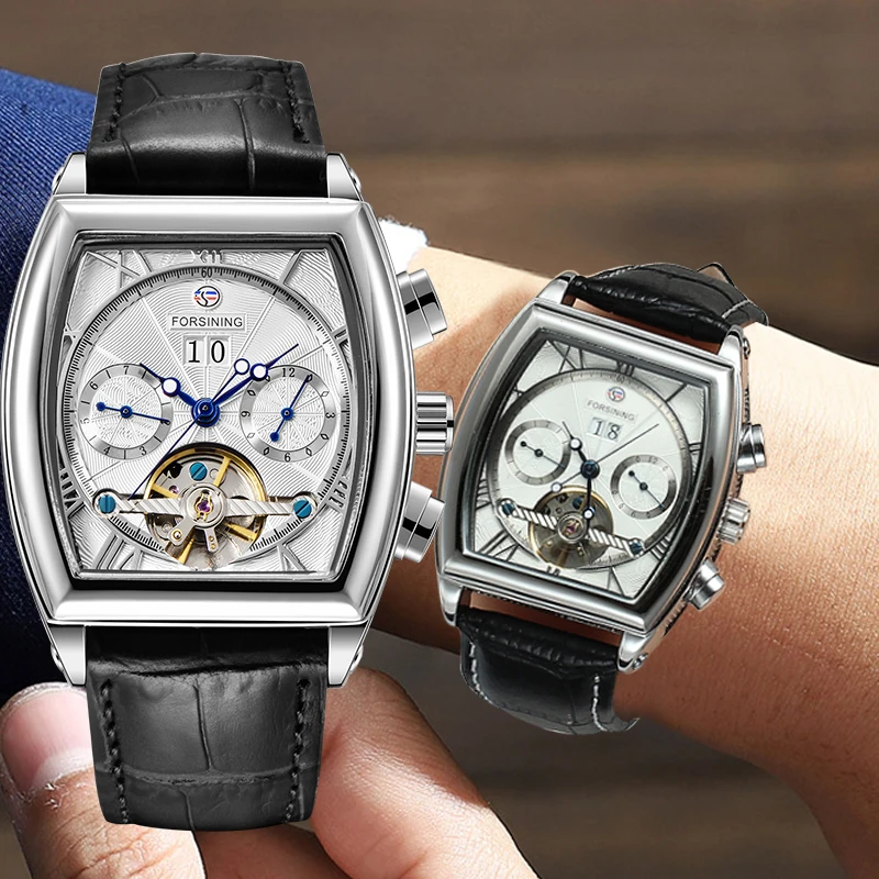 

FORSINING Multifunctional Barrel Dial Automatic Watch Men's Tourbillon Mechanical Watch Leather Strap Casual Relogio Masculino