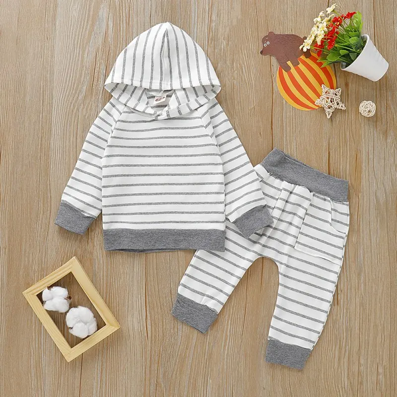 

2 piece set Autumn Baby Newborn Boys Girls Long Sleeve Rompers Set Striped Hooded Sweatshirt Tops+Pants Trousers Clothing Set