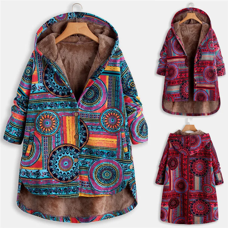 JAYCOSIN Coat Female Women Vintage Ethnic Print Quilted Fleece Hooded Long Sleeve Button Winter Coat chaqueta mujer