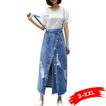 

Spring Summer Front Split Holes Ripped Denim Skirt Women Casual Plus Size Maxi Skirts Button Up Vintage Jeans Long Skirts