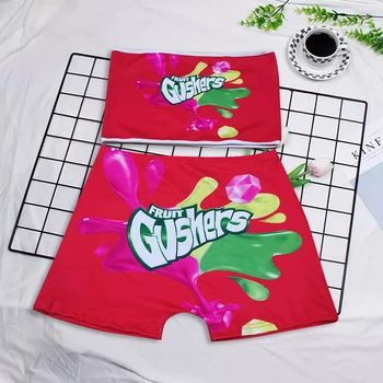 

2020 Candy Shorts Women Mini Booty Bar Shorts Two Piece Set Women Tube Top Party Cute Gushers Snickers Skittle Bodycon Shorts