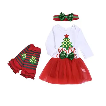 

Baby Girls My 1st Christmas printed long sleeve lace dress with bow + socks + headband 3PC Outfits Set for Kids 3-18M