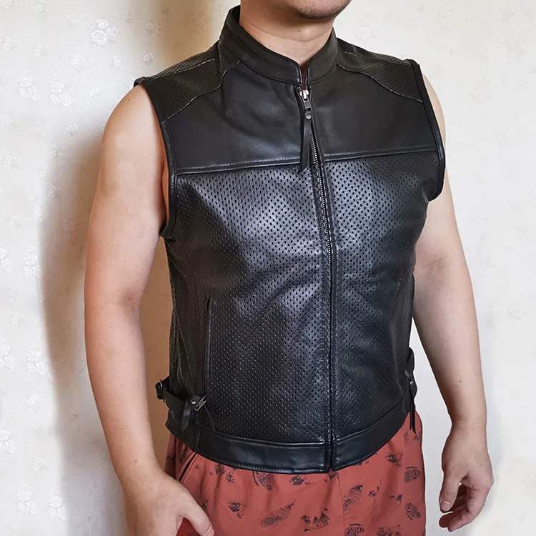Biker Motorcycle Leather Vest Men's Mesh Breathable Cowhide Perforated