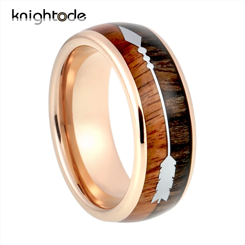 

8mm Rose Gold Tungsten Carbide Ring Koa Wood/Stainless Steel Arrow Inlay Wedding Ring For Men Women Dome Style High Polished