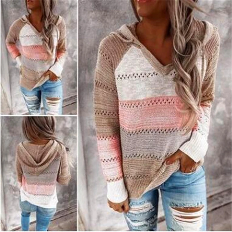 Autumn women tops hooded sunken stripe pocket sweatshirt main image 0