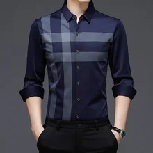 Estilo primavera casual camisas masculinas outono 2021 listrado design vintage camisa de manga longa festa de negócios topos anti rugas masculina