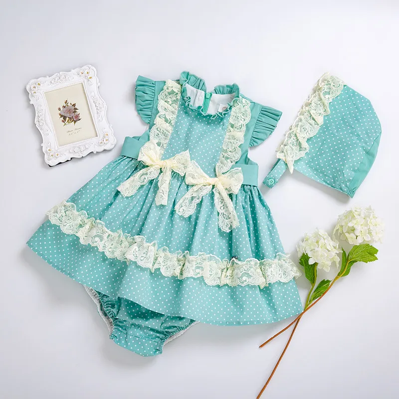 

Cutestyle 3pcs Summer Toddler Girl Mint Green ClothingSet + PP Pants + Pom Hat Lace Double Bows Clothing set EG-DMCS201-C141