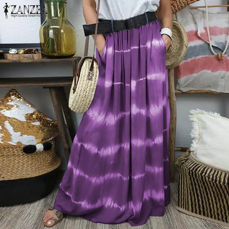 Богемные женские повседневные Макси рубашки ZANZEA с принтом Faldas Saia эластичный пояс длинный халат Femme Женская Полосатая юбка плюс размер