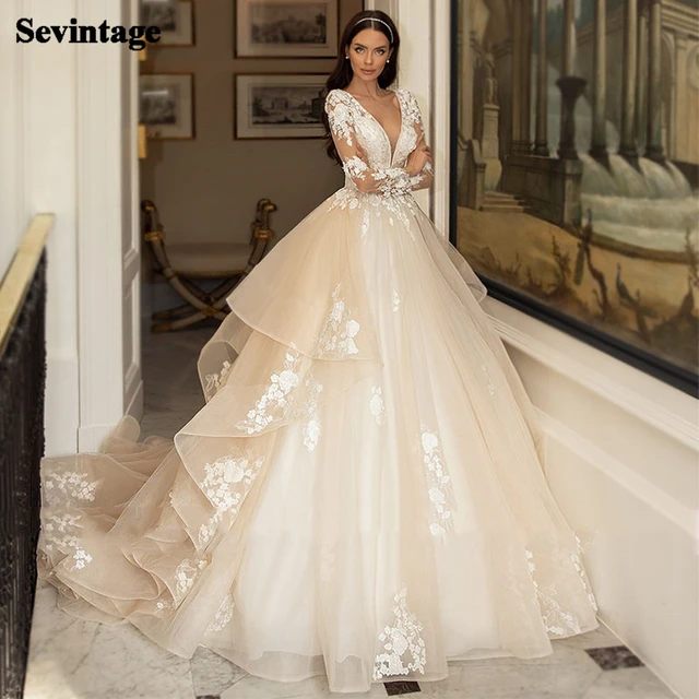 A-line Tulle Long Sleeves Garden Beach Vintage Long Wedding Dresses, D –  bridalsew
