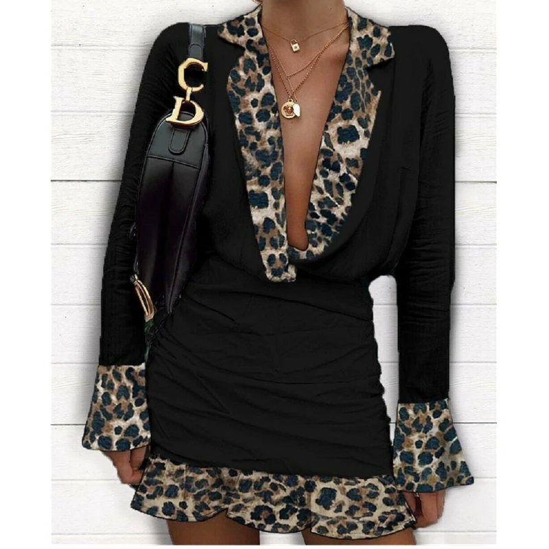 Сексуальное женское платье с глубоким v-образным вырезом и отворотом, с глубоким вырезом, рюшами и рюшами, мини-платье с манжетами, повседневные однотонные офисные вечерние уличные платья - Цвет: Black Leopard