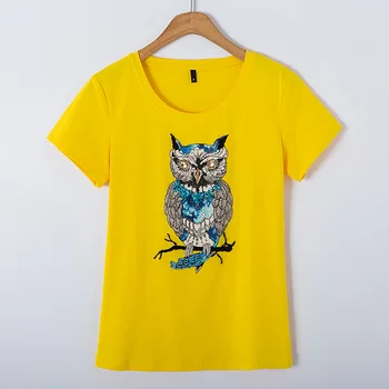 

Brand Fashion Women's High-end Luxury Summer Diamond Beaded Owl Short sleeve T-shirt Tees Top