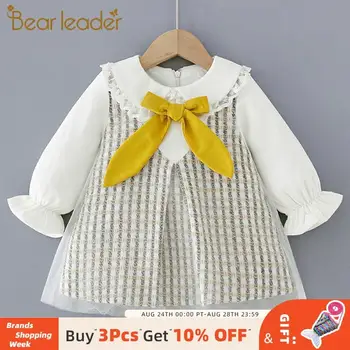 

Bear Leader Children Cute Princess Dress Girls Long Sleeve Bowtie A-Line Dresses Kids Autumn Plaid Patchwork Casual Clothes Suit