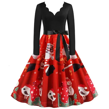 

Vintage Long Sleeve Women Winter Christmas Dress Print Stitching Sexy V Neck Party Dress Elegant Vestido Plus Size Women Dress