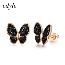 Cdyle минималистичные модные ювелирные изделия женские серьги золотые бабочки насекомые серьги гвоздики с сияющими черные кристаллы