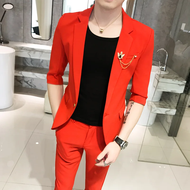 

2019 New Style Fashion Convention MEN'S Suit Fashion City Jag in the Midde of Back Slim Fit Flat Collar Casual Suit
