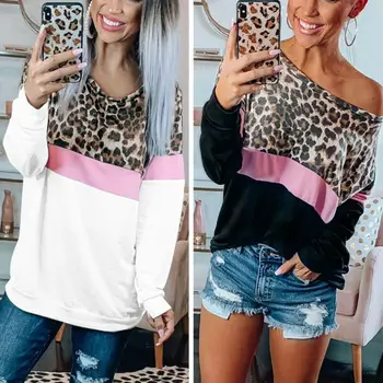 

Brand New Women Leopard Long Sleeve Crew Neck Sweatshirts Casual Loose Patchwork Leopard Pullovers Spring Autumn Tops Sweatshirt