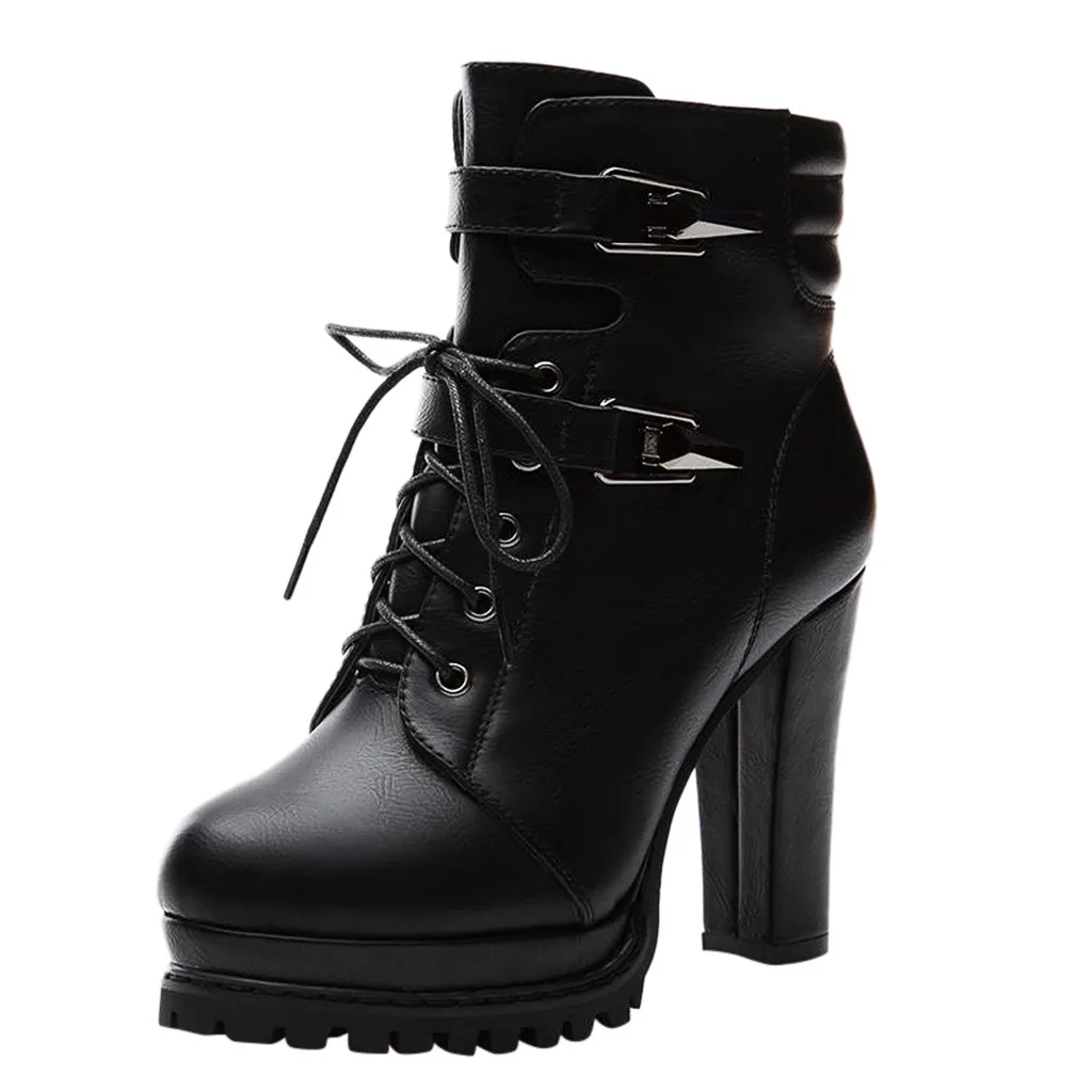 Mujer de tacón alto botas Casual suela gruesa-Correa botas de motocicleta nueva primavera botines de otoño zapatos de botas de cuero