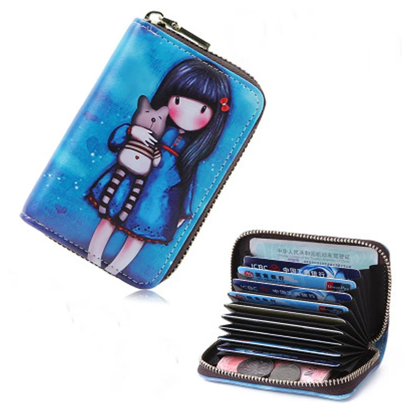 Tarjetero con estampado de dibujos animados para niñas, cartera de tarjetas con cremallera, funda duradera de cuero PU para tarjetas de crédito, tarjetero de identificación de personajes bonitos
