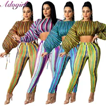 

Colorful Striped Print 2 Piece Set Women Streetwear Matching Set Casual Lantern Sleeve Crop Sweatshirt Legging Outfit Tracksuit