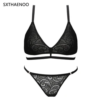

SXTHAENOO Fashion Lace Bra Set Thin Unlined Sexy Bra Panty Sets Hollow Out Laced Front Split Lingerie Underwear Women Intimates