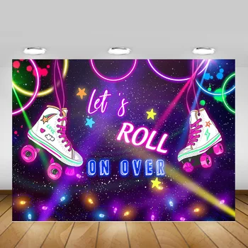 

Let's Roll Party Photo Background Glitter Roller Skates Rainbow Starry Sky Photography Backdrop Rolling Video Backgrounds