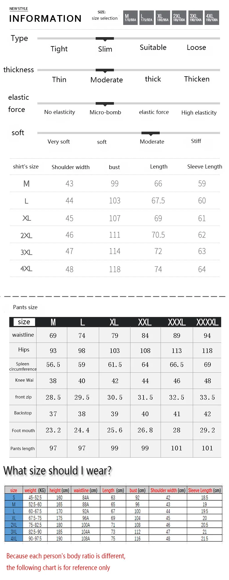 套装尺寸码包含身高体重选码