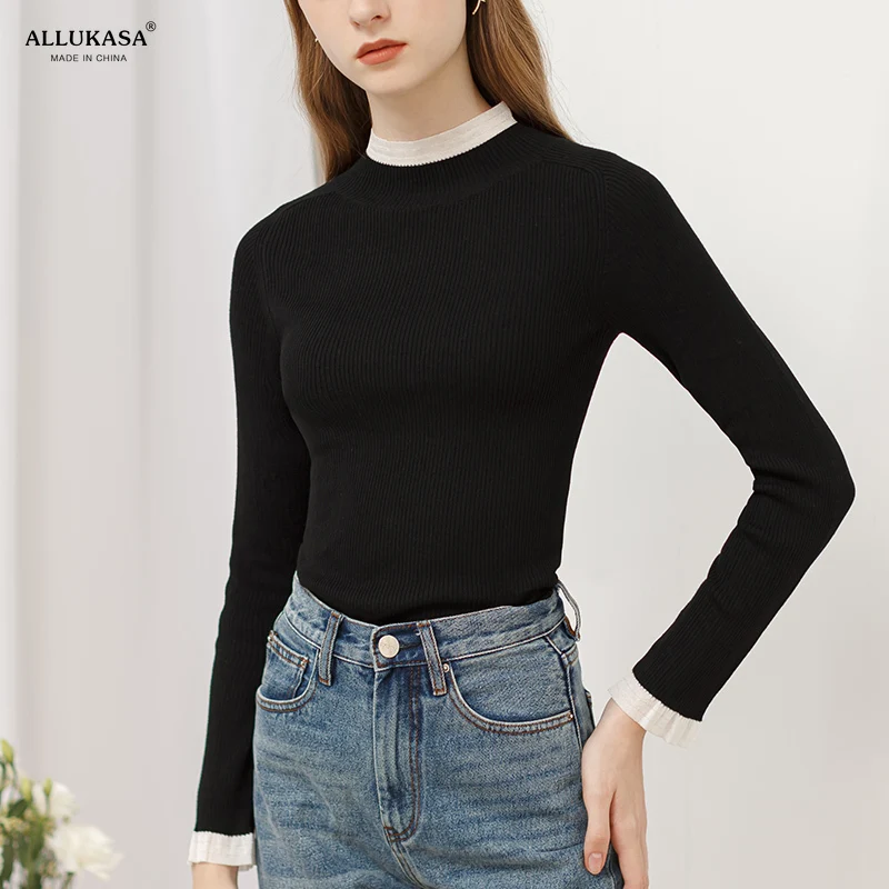 Worsted long sleeve Pure Wool Sweater Tight Knit