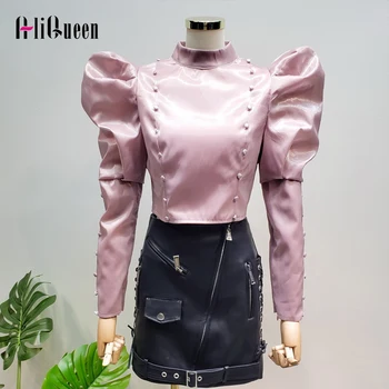 

2020 Spring Autumn Women Pink Silk Shiny Shirts Long Puff Sleeve Stand Collar Back Zipper Female Silver Shirt Blouse Crop Tops