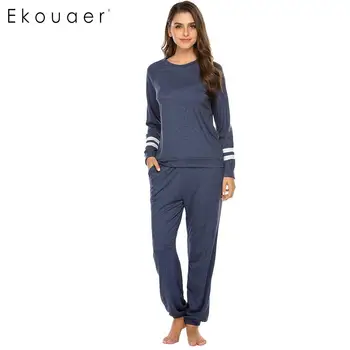 

Ekouaer Women Winter Sleepwear Pajamas Sets O-Neck Long Sleeve Striped Tops Long Pants Pajamas Set Female Lounge Nightwear