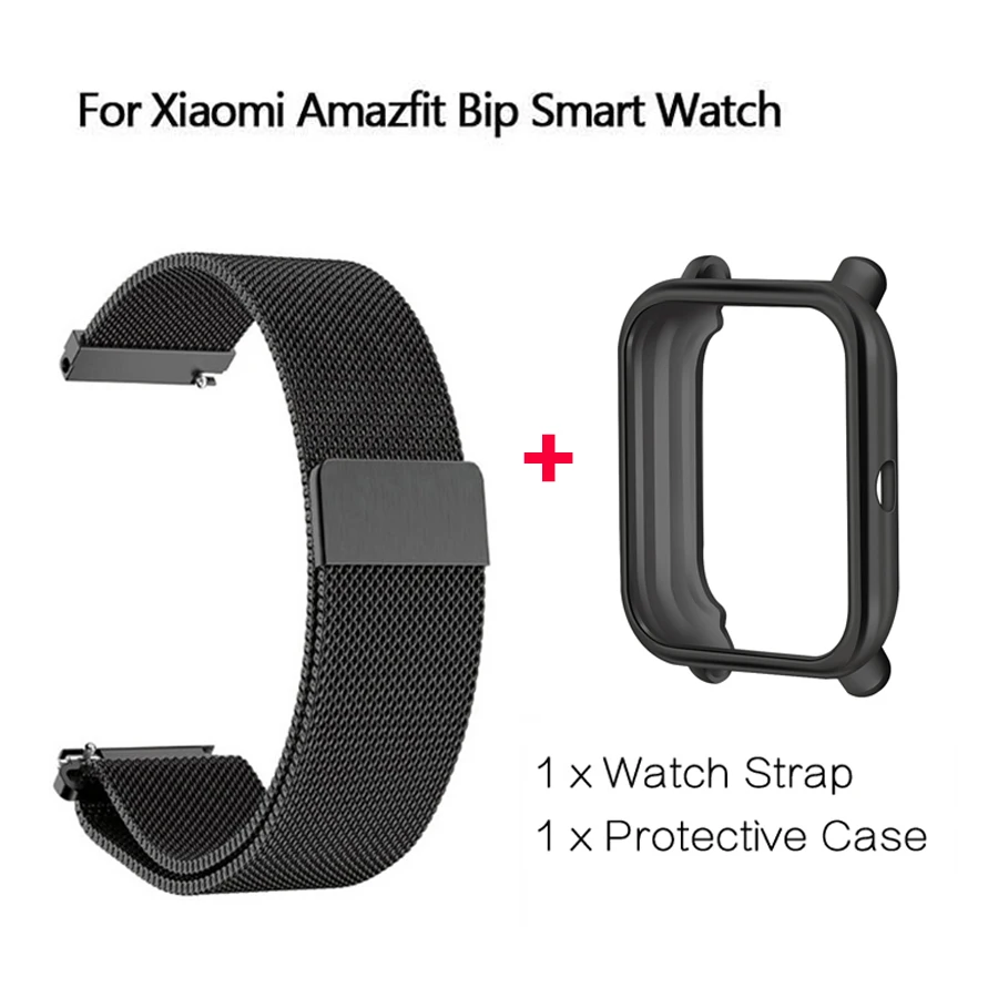 Black case package 2 в 1 для Amazfit Bip ремешок металлический Миланский магнитный браслет+ ТПУ чехол протектор для часов для Xiaomi Amazfit Bip аксессуары - Цвет: Black case package