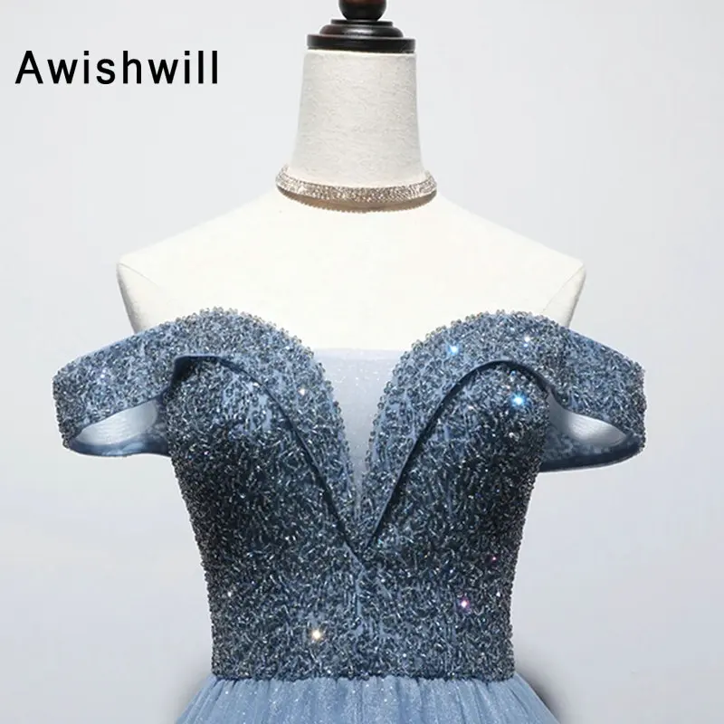 Vestidos Gala, сексуальное длинное платье для выпускного вечера,, с открытыми плечами, с бисером, тюль, на шнуровке, сзади, длина до пола, женское официальное вечернее платье