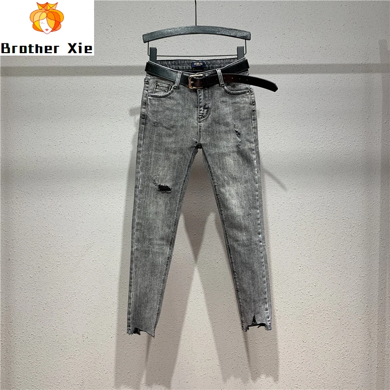 

European Trend High Waist Slim Fit Grey Jeans Women's Spring Summer New Holes Pencil Pants Fashion Ripped Jeans Nancylim