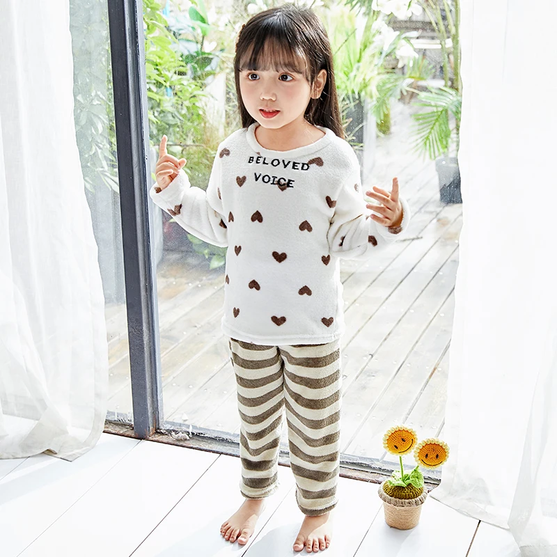 

New style Unisex Kids Winter Flannel Pajama Sets Children Boy Warm Thick Fleece Cartoon Pyjamas Girl long sleeve Sleepwear Suit