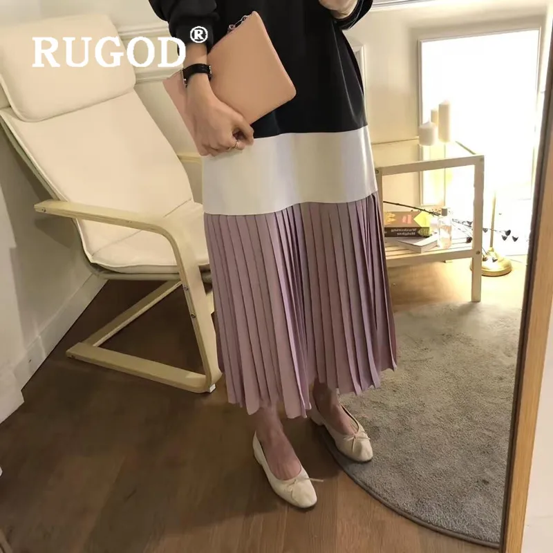 RUGOD корейское шикарное свободное лоскутное женское платье повседневное с круглым вырезом и длинным рукавом офисное женское платье Auturm Плиссированное Макси-платье