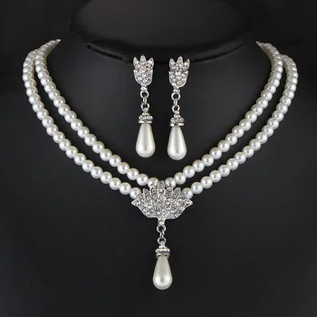 

Fashion Necklace Jewelry Bride Artificial Pearl Crystal Diamond Short Clavicle Neck Necklace Set Earring Temperament jewelry