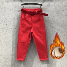 Damskie czerwone jeansy zimowe oraz aksamitne spodnie haremowe wiosenne i jesienne luźne spodnie na co dzień Plus rozmiar 5XL dziura tanie tanio KK LUFAINA COTTON Kostki długości spodnie CN (pochodzenie) Osób w wieku 18-35 lat S-5XL WOMEN Anglia styl Plaid Wysokiej