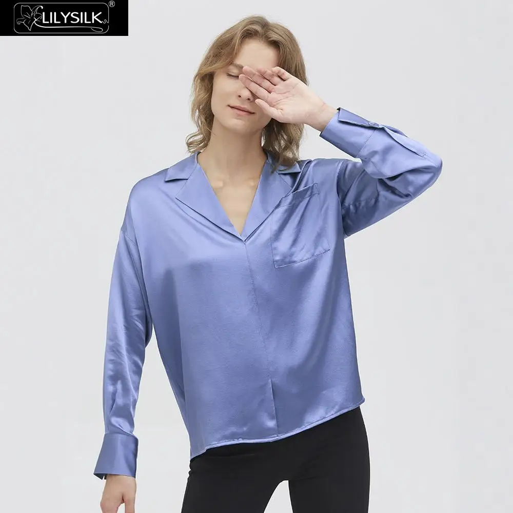 French Blue LilySilk Базовая шелковая рубашка без планки Женская Новая - Цвет: French Blue