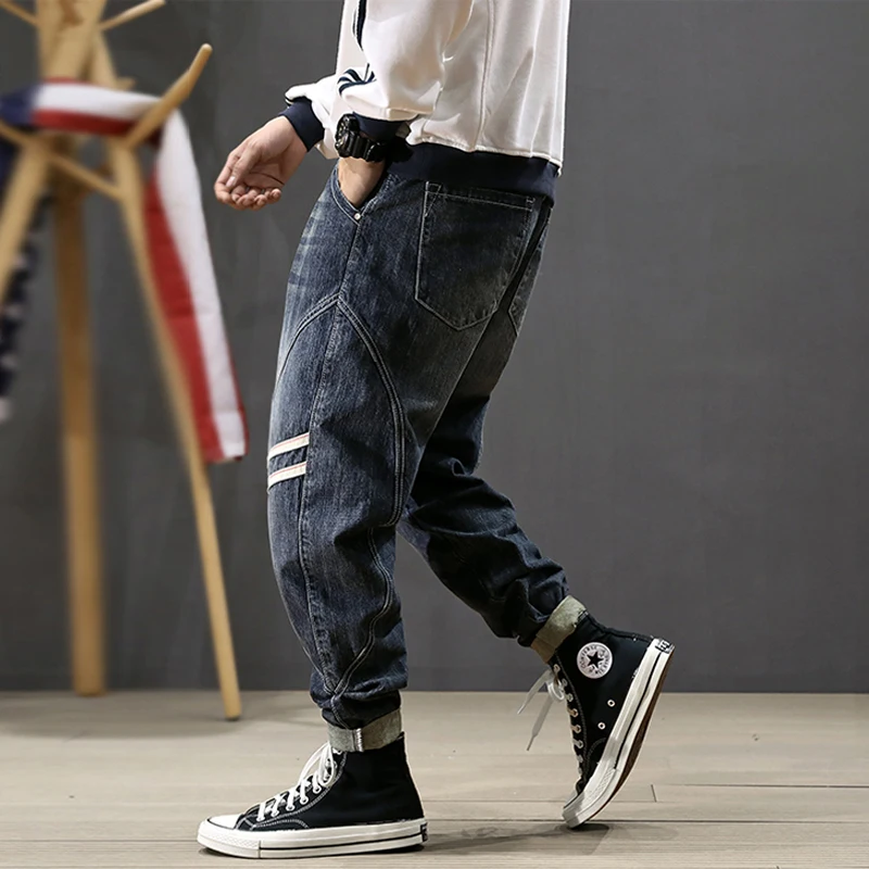 Korean Style Fashion Men Jeans Retro Dark Blue Stripe Designer Loose Fit Harem Jeans Streetwear Hip Hop Jeans Men Pencil Pants
