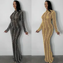 

Street Wear Sexy Nightclub Net Yarn See-through Long-sleeved Dress Autumn Sheath Embroidered Flares Dresse 2021 Women Clothes