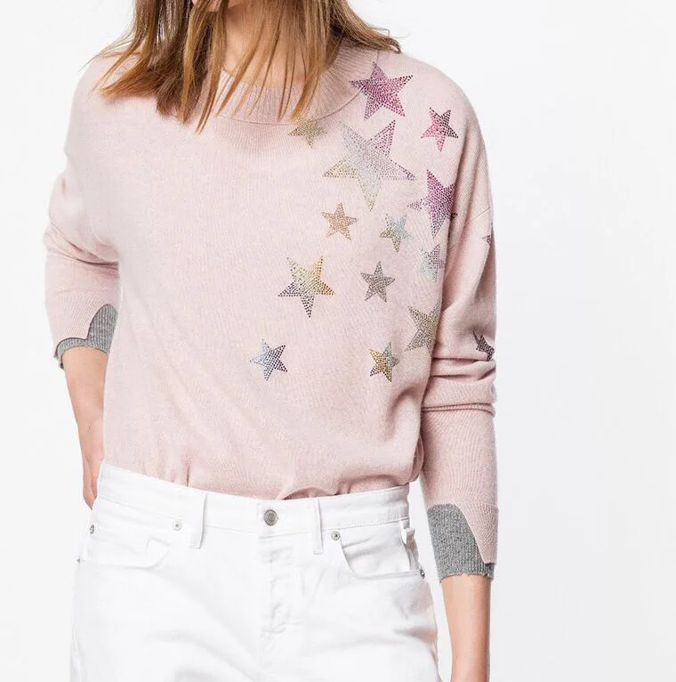 

Top Quality Women Cashmere 100% Pink/Grey/Black Round Neck Star Glitter Stone Applique Long Sleeve Knit Sweater Pullover Top