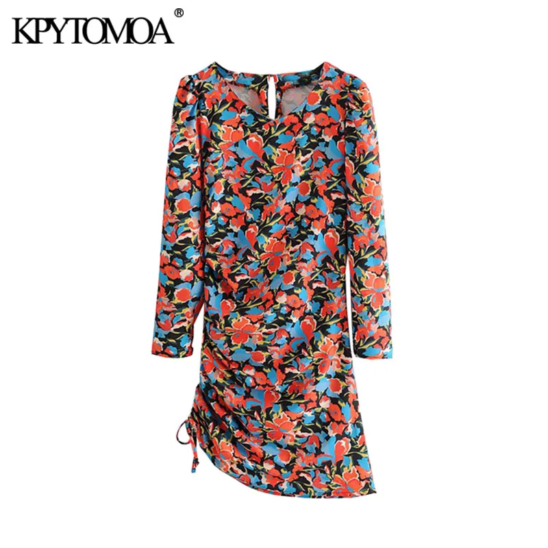 KPYTOMOA Women 2020 Chic Fashion Floral Print Asymmetrical Mini Dress Vintage Long Sleeve Side Zipper Drawstring Female Dresses KPYTOMOA Women 2020 Chic Fashion Floral Print Asymmetrical Mini Dress Vintage Long Sleeve Side Zipper Drawstring Female Dresses