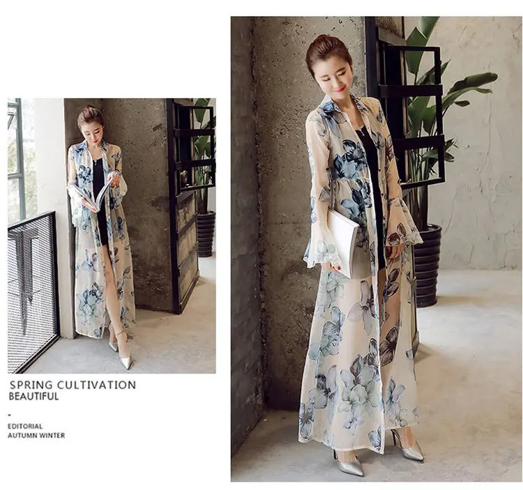 long sleeve tops Plus Size Thin Flower Printed Chiffon Cardigan Women Maxi Poncho 2020 Summer Fashion Female Long  Kimonos Outwear Coat silk blouses