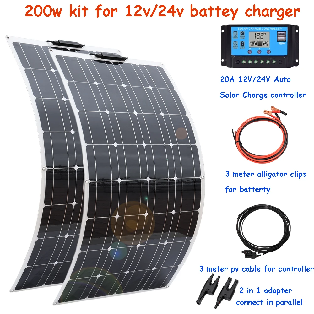 200W 12V or 24 volt Off Grid RV Boat Camper RV 2*100 Watt Solar Panel Battery 